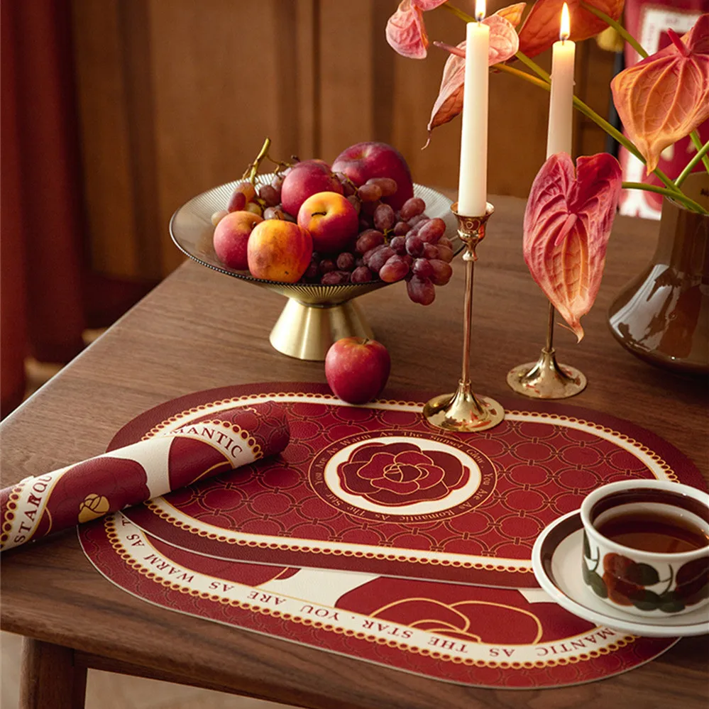 Red Camellia Placemats for Dining Table,Heat Insulation,Stain Resistant,Non-Slip,Washable PVC Mats,Christmas,Wedding Party,2Pcs