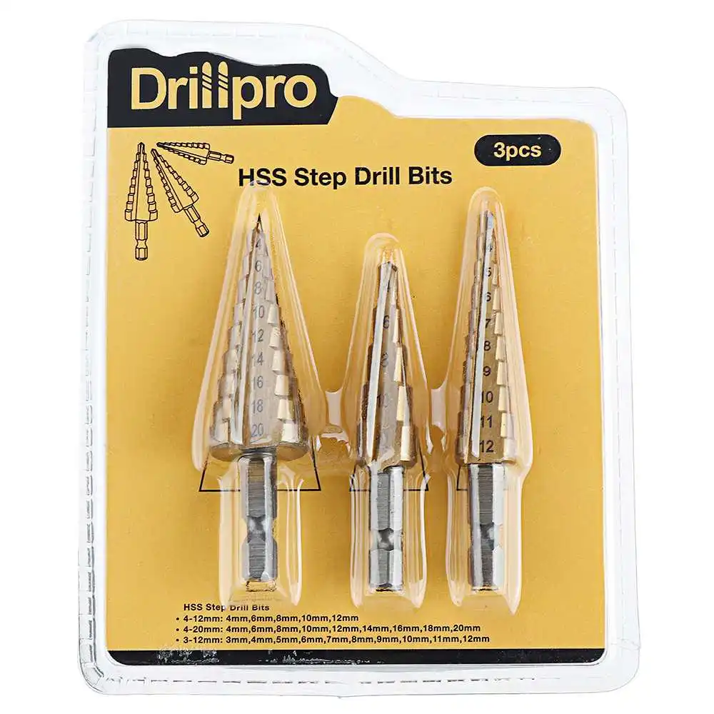 Drillpro-HSS Titanium Coated Step Drill Bit, Aço de alta velocidade, Metal, Cortador de madeira, Cone Drilling Tool, 3Pcs, 3-12, 4-12, 4-20mm, PCes 3