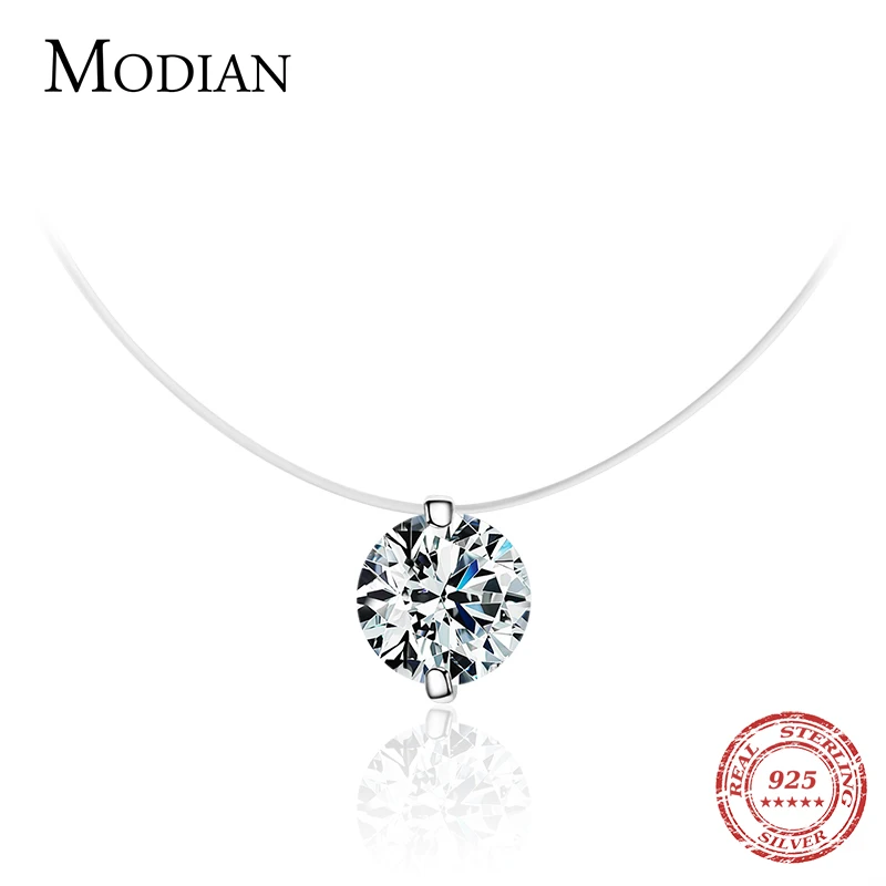 Modian Silver Transparent Chain Pendant Real 925 Sterling Silver Clear CZ Fishing Line Choker Necklace For Women Girls Jewelry