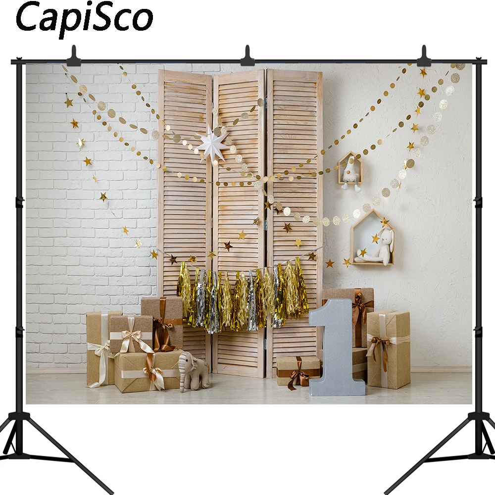 

Capisco 1st Birthday Photography Background White brick wall Toy gifts Backdrop party Decor Photocall Backdrops Photo Studio