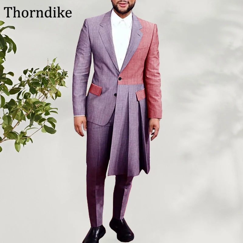 Thorndike Luxury 2 Pieces Men Suit Casual Long Wedding Dress Tuxedos Patchwork Designs Slim Fit Custome Homme Blazer Masculino