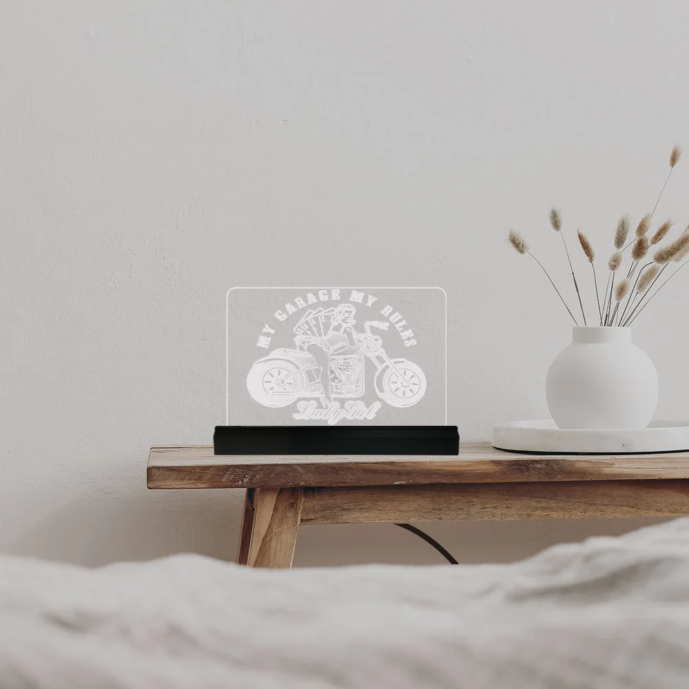 MY GARAGE MY RULES Acrylic LED Light Garage Decor Pin Up Girl With Motorcycle Personalized 3D Night Lamp Motorcyclist Present