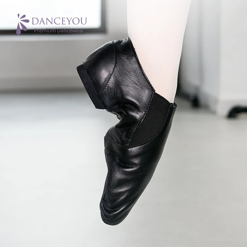 Genuine Cow Leather Twin Gore Slip On Jazz Elasti Dance Shoes Split Sole Black Tan Boy Women Footwear Modern Ballet Contemporary