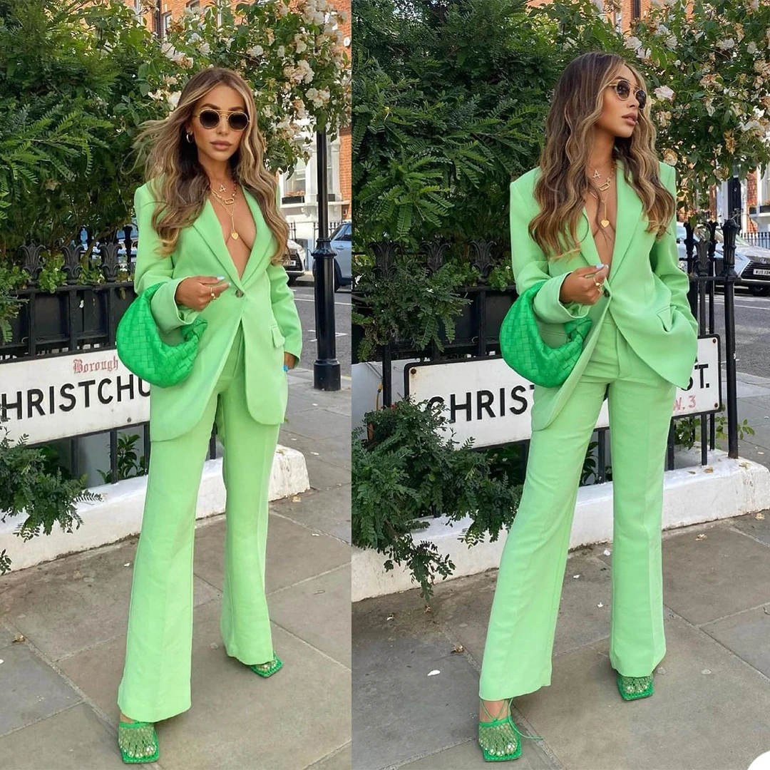 

Women One Button Green Pocket Blazer Suits Streetwear Pants Suit Jacket With Trouser Custom Made Two Pieces Set