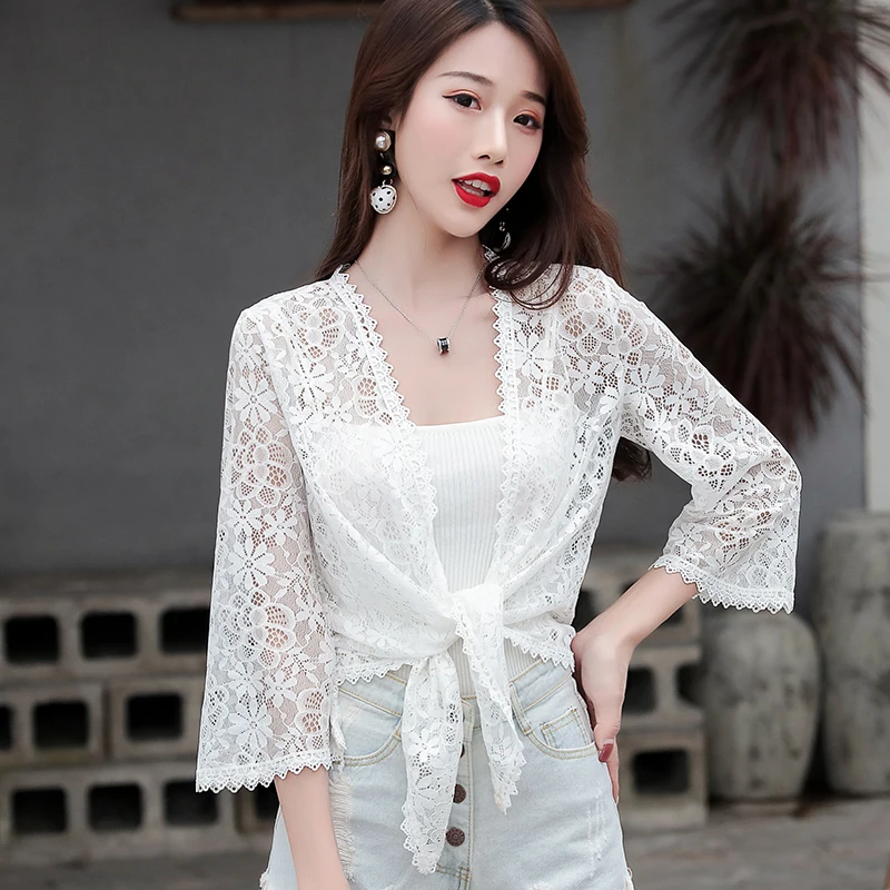 2021 Zomer Sexy Vrouwen Casual Beach Kimono Vest Losse Kanten Blouse Zonnebrandcrème Shirt Hollow Out Tops Beachwear Wit Zwart