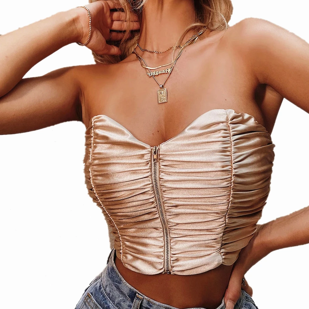 

Women Cross Halter Lace-Up Tank Tops Sexy Camisoles Off Shoulder Drawstring Pleated Wrapped Chest Solid Zip Cropped Vest Summer