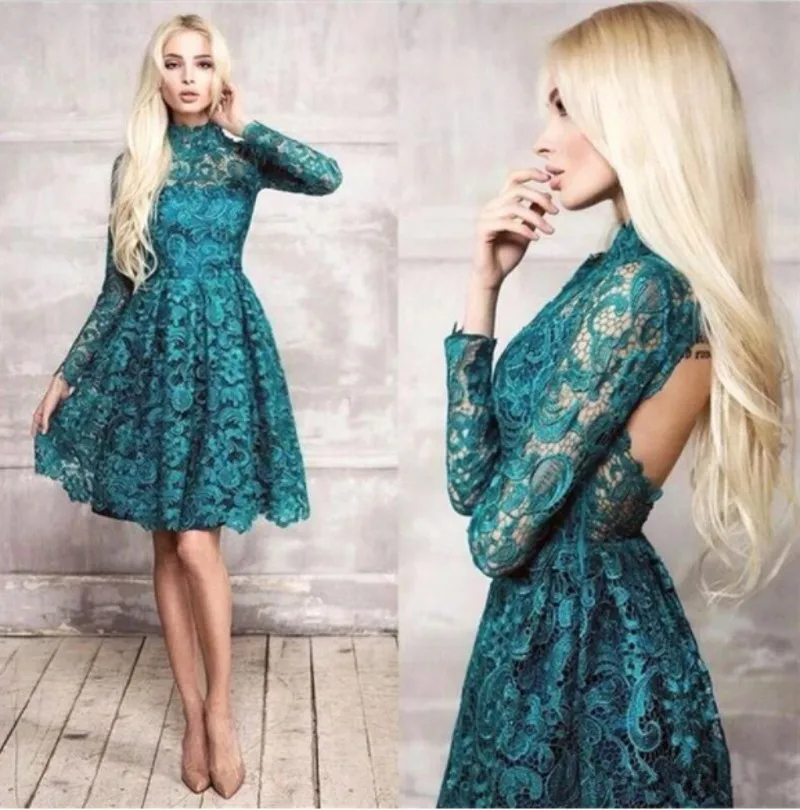 

Lace A Line Short Prom Dresses 2024 Cocktail Party Gown High Collar Long Sleeves Vestidos De Fiesta Backless Club Wear