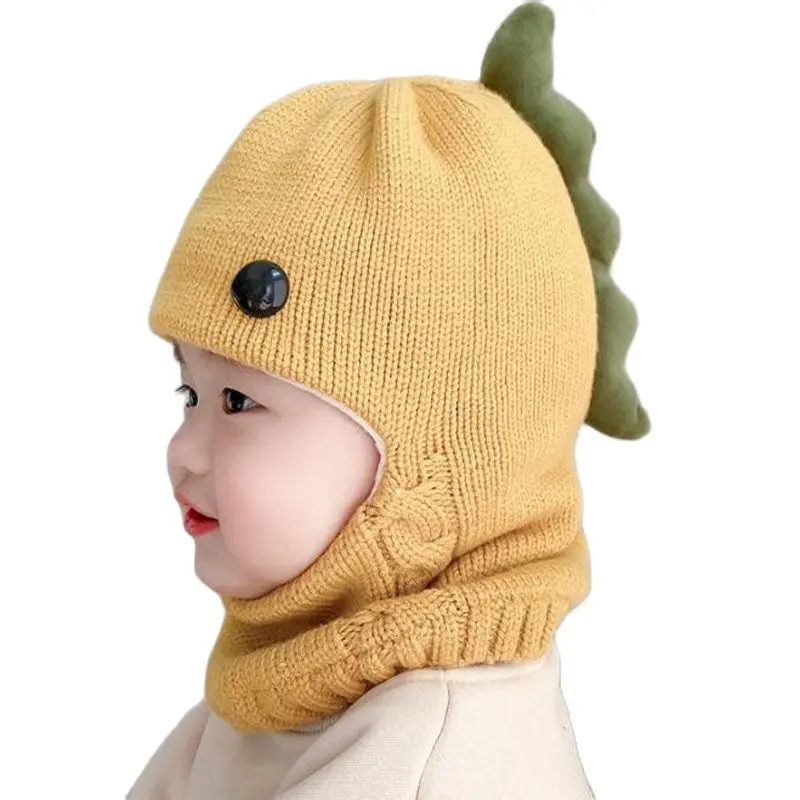 Doitbest Winter knit Baby Knitted Hat scarf one-piece Hats Kids Girl Boy Beanies Caps Warm dinosaur Earflap Hats for Children