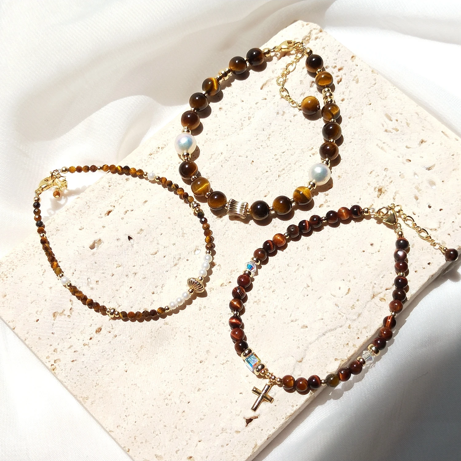 Lii Ji Tiger Eye 14K Gold Filled Bracelet Natural Stone 2mm/6mm Real Pearl Austria Crystal  Handmade Jewelry For Gift