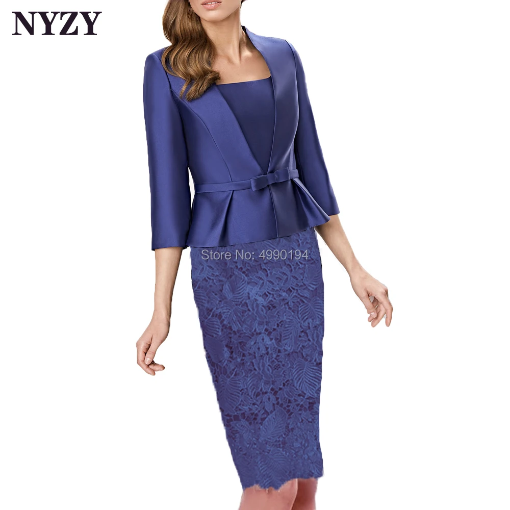 

With Jacket Blue Satin 2 Piece Mother of the Bride Dresses Outfits 2020 NYZY M257 vestidos de fiesta de noche Church Suits