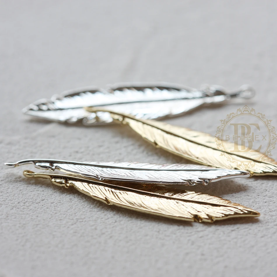 One Piece Premium Plated Solid Brass Feather Charm - 41x10mm (4711C)