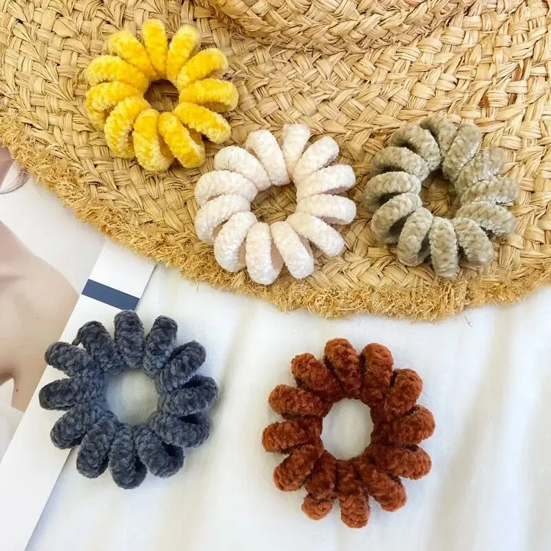 Women Accessories Solid Color Elastic Hair Band Furry Telephone Wire Hair Tie Large Size Spiral Shape Rubber Fashion Scrunchie