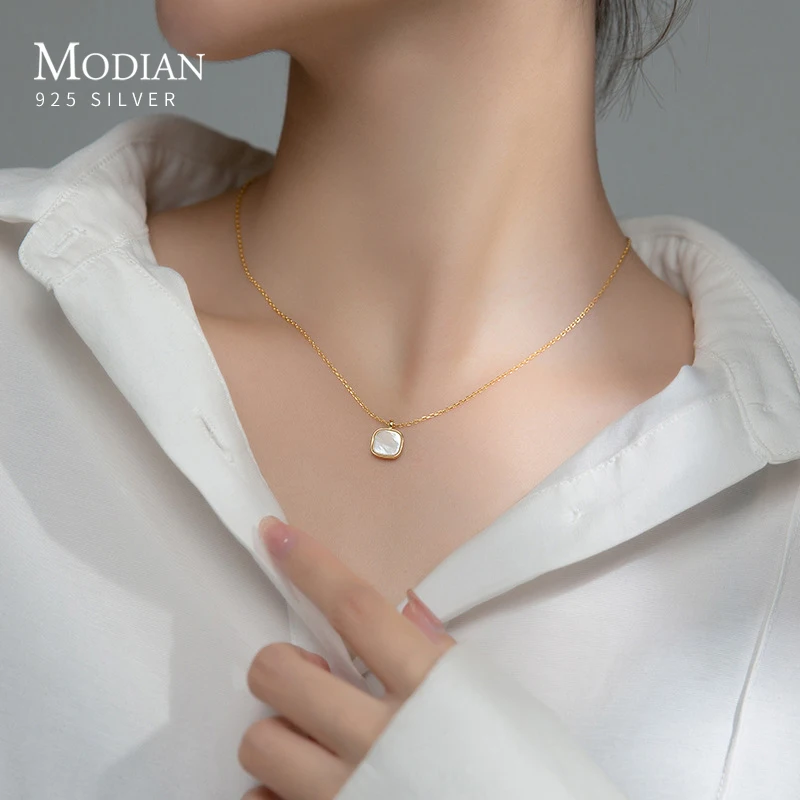 Modian Authentic 925 Sterling Silver Natural Dainty Shell Gold Color Square Pendant Link Chain Necklace for Women Fine Jewelry