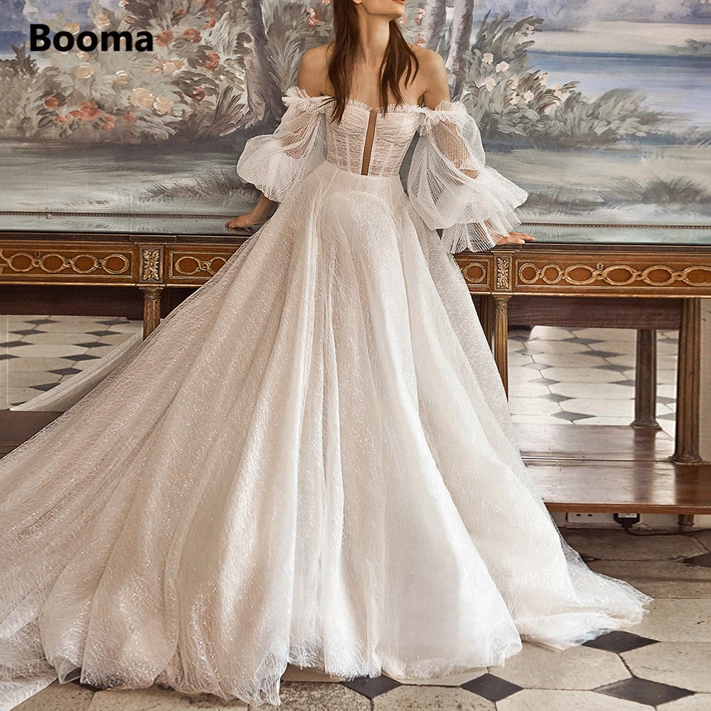 

Booma Sparkling Tulle Princess Wedding Dresses Puff Sleeves Off Shoulder Boned Bride Dresses Long Train Backless Wedding Gowns