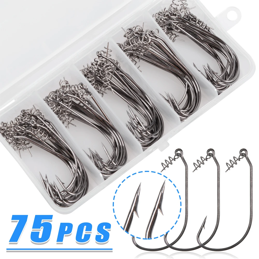 75Pcs/Box Jig Fishing Hook With Spring Twist Lock Centering Pins For Soft Worm Lures Bait Barbed Crank Carp Hook Tackle