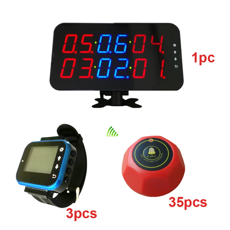 433.92mhz Restaurant Table Call Button Service System 1 Screen 3 Watch Pager 35 Bell