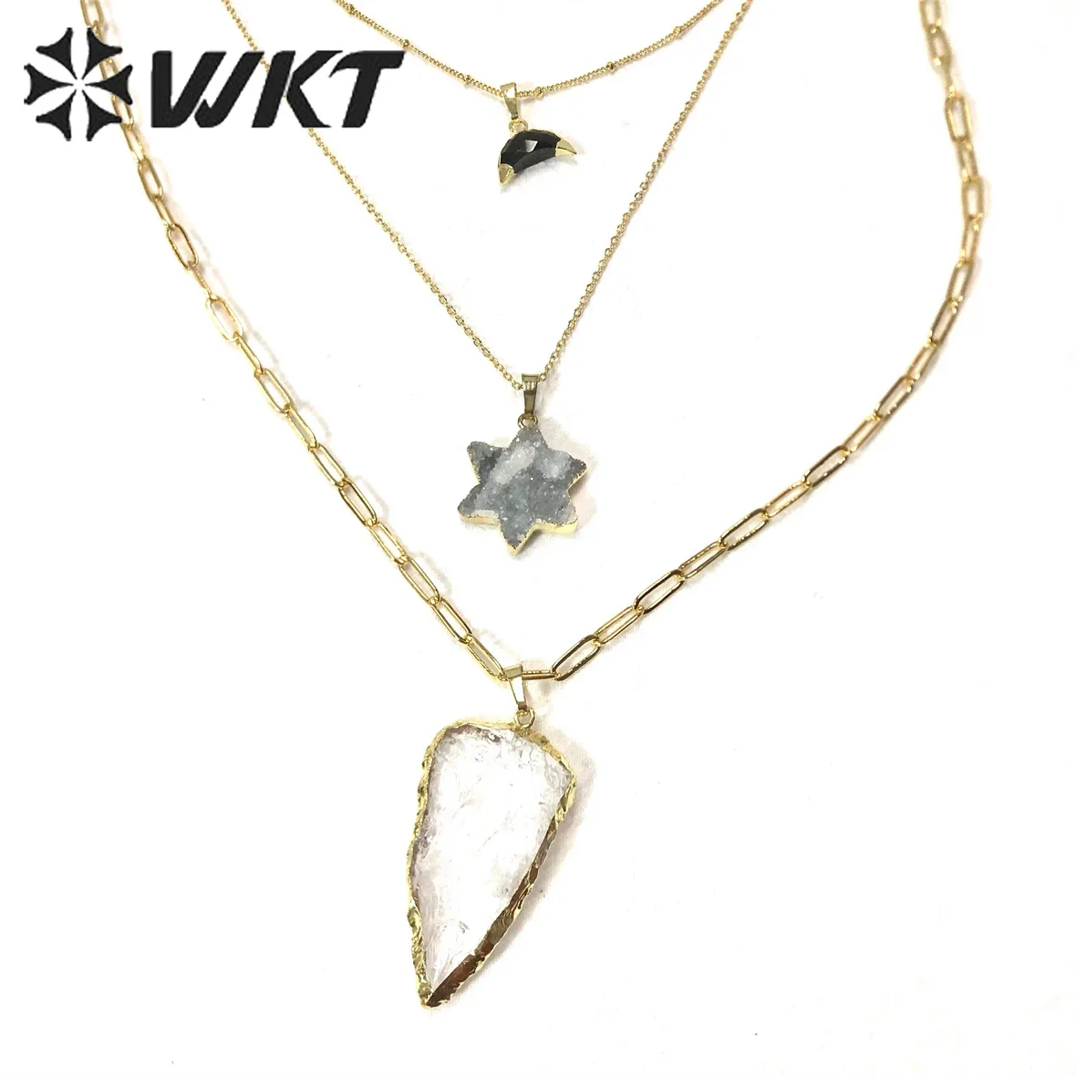 

WT-N1326 WKT Bohemian Multi Layer Long Necklace With Black Agates Hexagram Natural Druzy Quarzt Arrow Crystal Pendants Jewelry