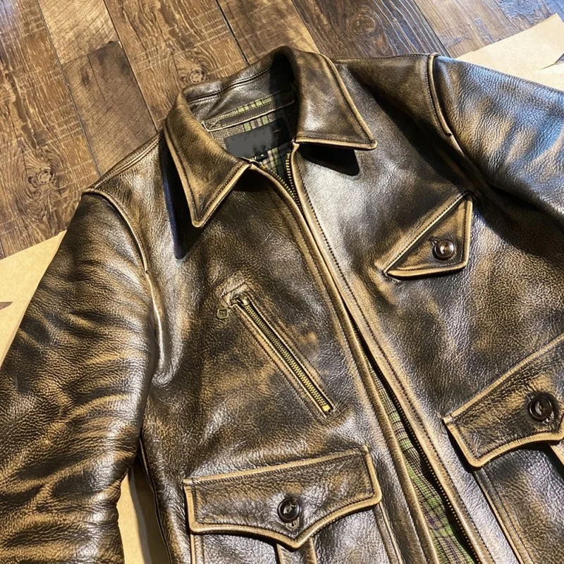 Genuine Vintage Leather Motorcycle Jacket Men Outerwear Safari Style Slim Fit Cargo Coat Zipper Pockets Mens Cow Leather Jackets