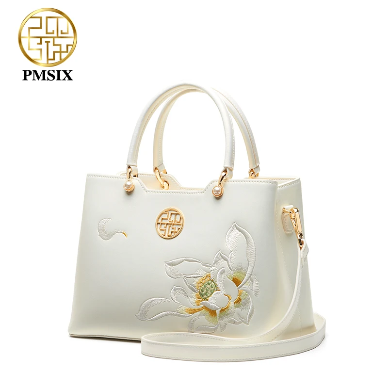 PMSIX luxury White Leather Handbags For Women  Elegant Embroidered Ladies\' Designer Shoulder Bag  Simple Messenger Bags 2021