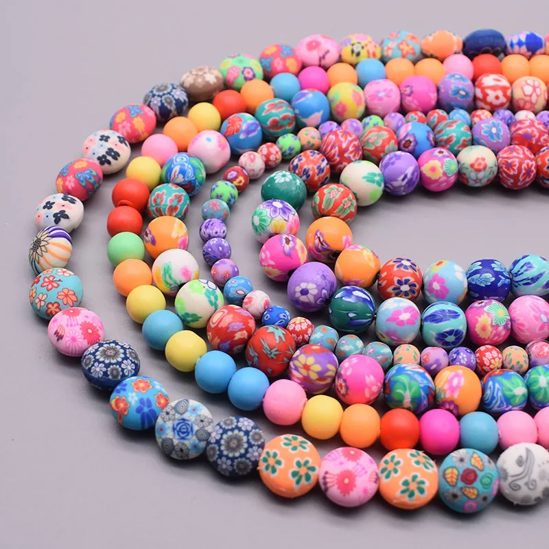 6/8/10mm Polymer Clay Beads Flower Pattern Printing Beads Round Loose Beads for Make Jewelry DIY Bracelet