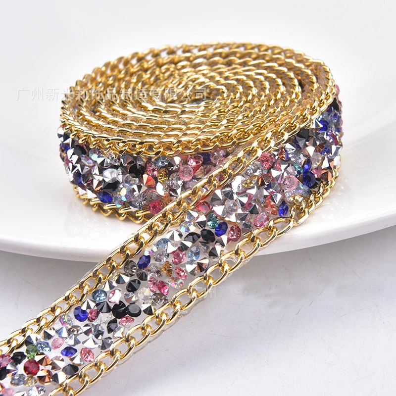 90cm Iron On Rhinestone Tape Gold Chain Hotfix Gemstone Lace Trim Hot Drilling Beaded Chain Ribbons Bridal Dress Belt Banding