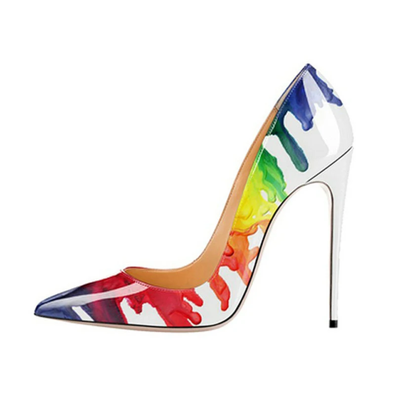 Woman Sexy Multi Pumps Watercolour Splash Ink Patent Leather High Heels Pointed Toe Wedding Stiletto Slip-On Dress heel