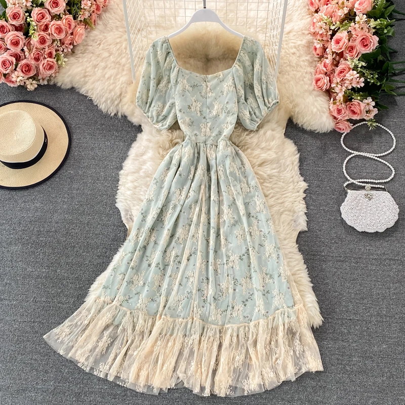 2024 Summer Elegant Embroidered Lace Mesh Gauze Print Chiffon Dress Women Puff Short-Sleeved Slim High Waist Long Dress Vestidos