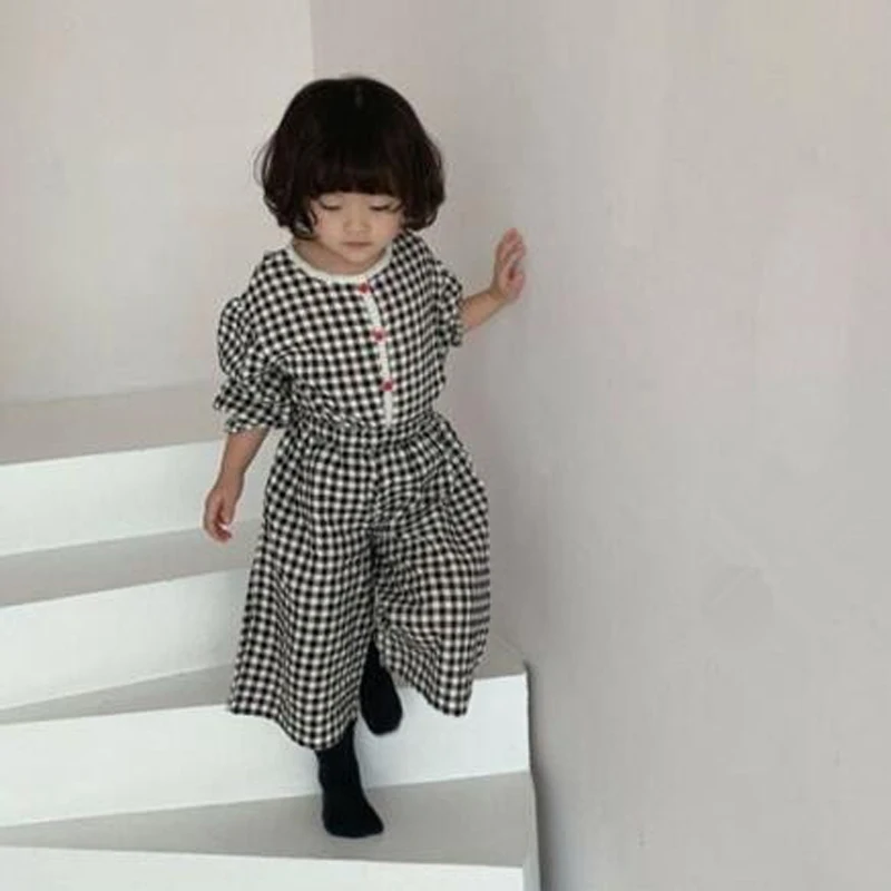 Spring And Autumn New Japanese And Korean Style Girls Clothing Set Plaid Long Sleeve Top + Nine-Point Wide-Leg Pants Kids Outfit