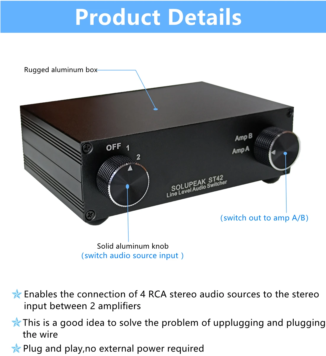 SOLUPEAK ST42 4-Way RCA Stereo Audio Switch Source Input Signal Selector Box, 2 WAY Line Router Amp Amplifier Switcher Output