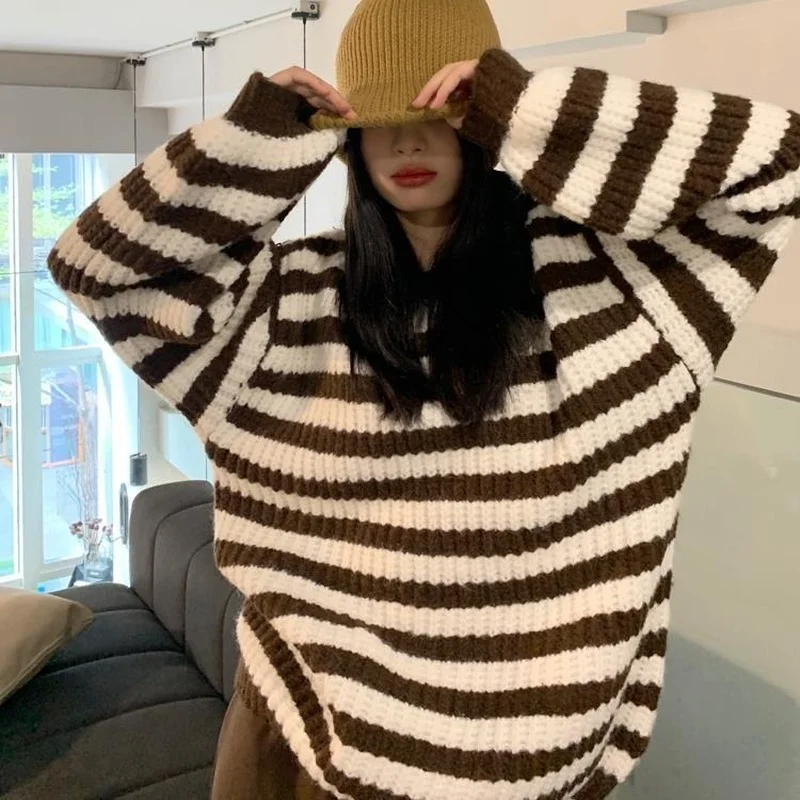 Striped Pullovers Women Ins O-neck Fashion Simple Chic Ulzzang Loose Clothes Classic Elegant Females Autumn Harajuku Streetwear