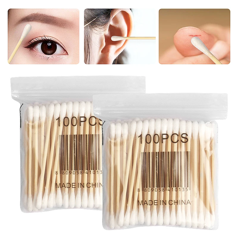 

100pcs Women Beauty Makeup 100% Cotton Swab Cotton Buds Make Up Double-head Wood Sticks Ears Cleaning Cosmetics Health Care