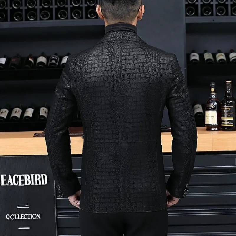 Autumn Business Men Sheepskin Genuine Leather Blazer Jacket Slim Fit Single Breasted Office Work Crocodile Pattern Suit Coat 4XL