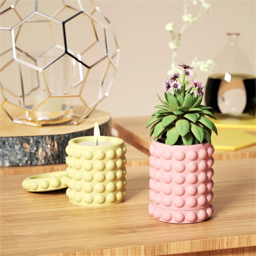 Bubble Ball Candle Jar Silicone Mold with Lids Cylindrical Cement Candle Container Mould for Planter Storage Box Decor Tool