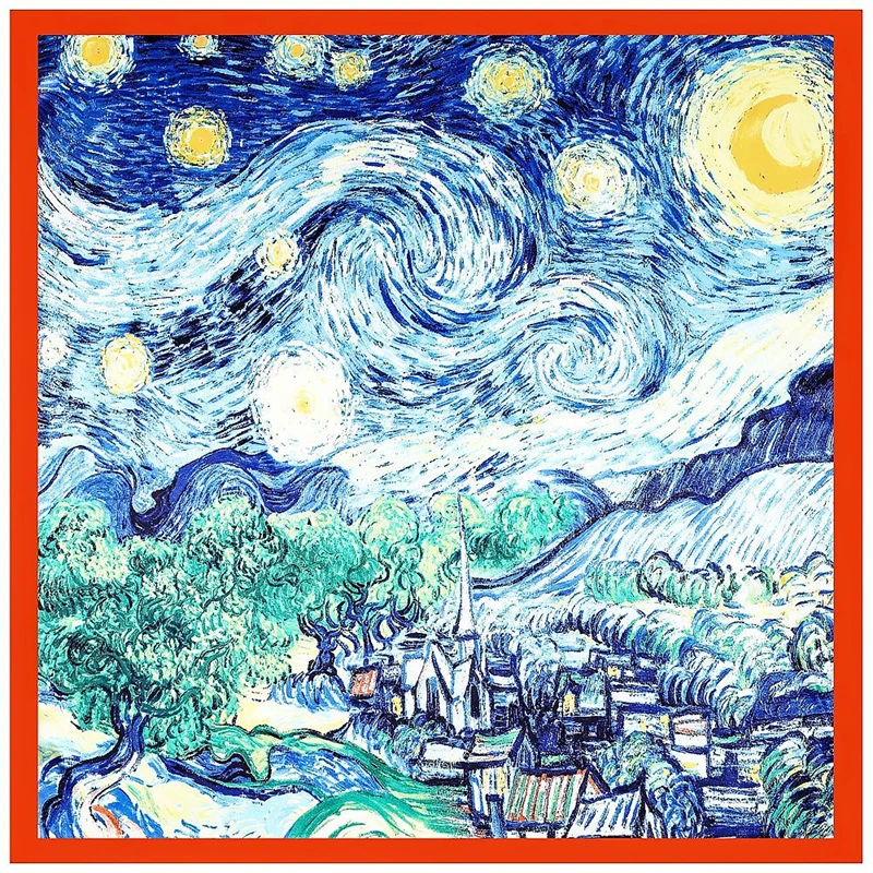 

90CM Large Square Scarf Silk Scarf New Van Gogh Oil Painting Starry Sky Luxury Brand Handkerchief Headscarf Ladies Travel Shawl