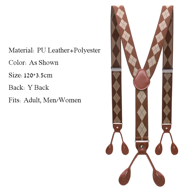 Unisex Vintage Suspenders Men Braces Adjustable 6 Button Suspender Elastic Y-Shape Strap Pants Trousers Brown Leather PU