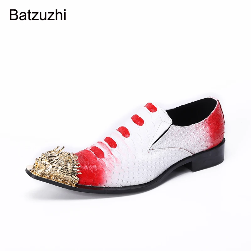 

Batzuzhi Italian Style Men Shoes Golden Steel Toe Leather Dress Shoes Men Lace-up White Red Party and Wedding Shoes Men, EU38-46