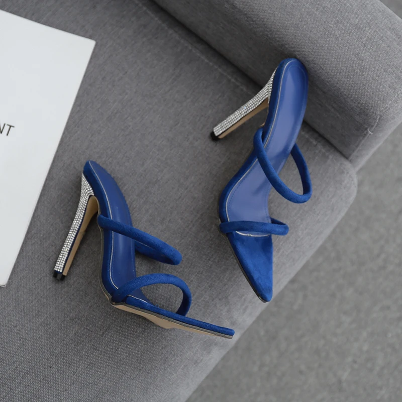 NEW Sexy Glitter Rhinestone pointed end Peep Toe High Heel Slippers Summer Fashion Slip On Thin Heels Slides Women Mules