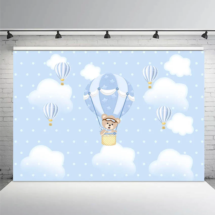  Up Up and Away Photo Background Newborn Baby Boy Birthday Backdrop Baby Shower Hot Air Balloon Bear Clouds Background