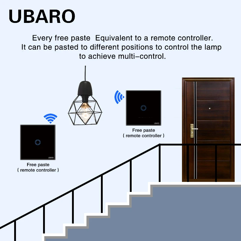 UBARO EU/UK 433Mhz RF Wireless Control Switch White Luxury Crystal Glass Panel Wall Light Touch Sensing Stair Dual Control Switc