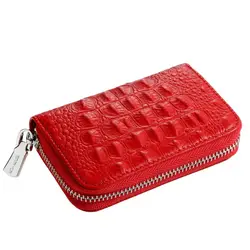 Tarjetero de cuero genuino para mujer, tarjetero pequeño con cremallera, cartera