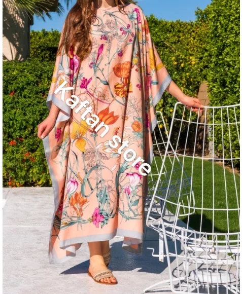 Europe New Style Elegant Floral Boho Summer Muslim Lady Beach Kaftan Maxi Dress Plus Size African Lady Holiday Loose Abaya