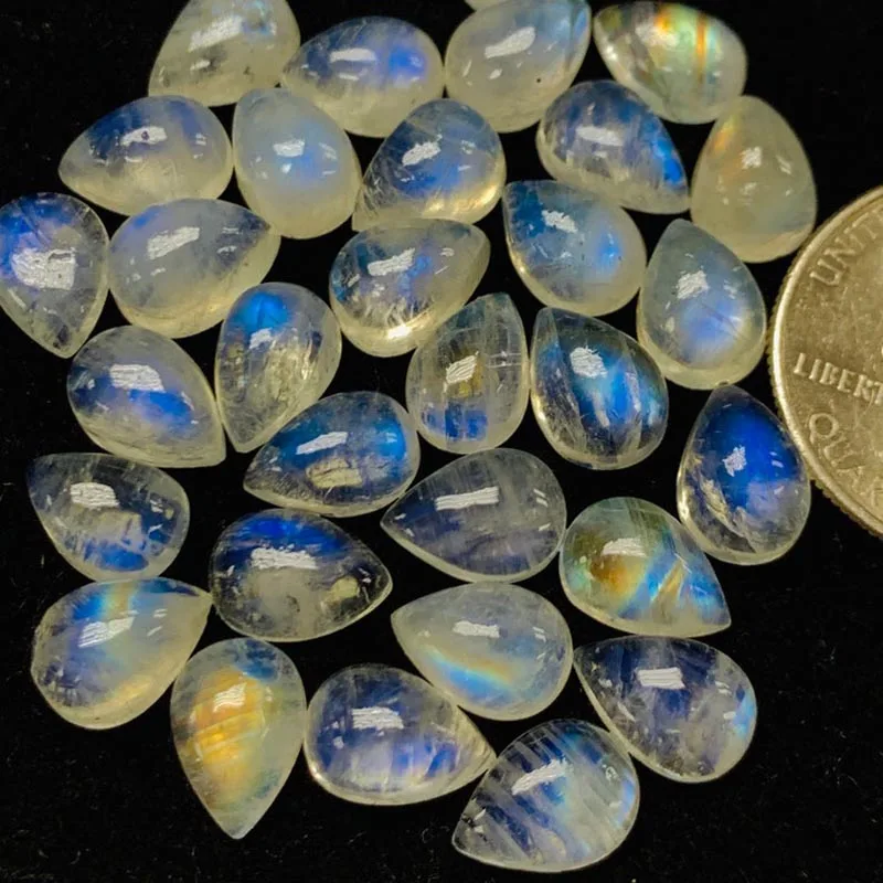 

100% 5x8 mm Natural Rainbow Blu ray Moonstone Pear Cabochon Loose Gemstone