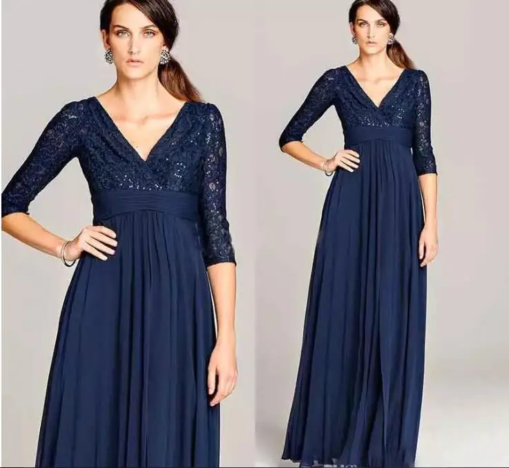 V-hals Lange Avondjurken Met Drie Kwart Mouw Formele Vrouwen Prom Jassen 2018 Dark Navy Moeder Van De Bruid Kant jurken