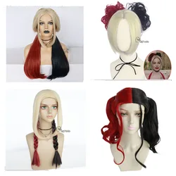 Women Halloween Joker Cosplay Wig Gradient Double Ponytail Halloween Lolita Cos Red Black Twist Braid Cosplay Costume