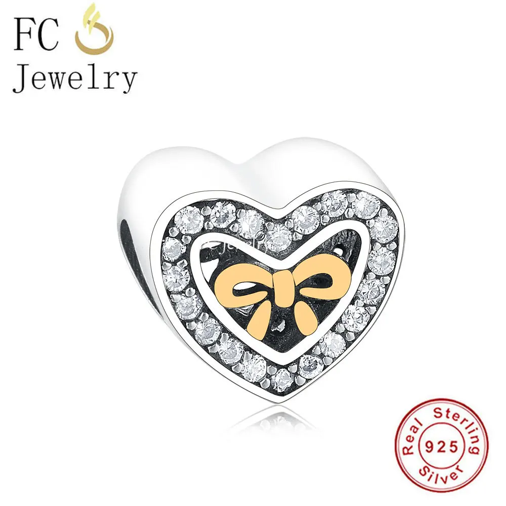 FC Jewelry Fit Original Brand Charm Bracelet Real 925 Sterling Silver Gold Plate Heart Ribbon Bead Making Women Berloque 2022