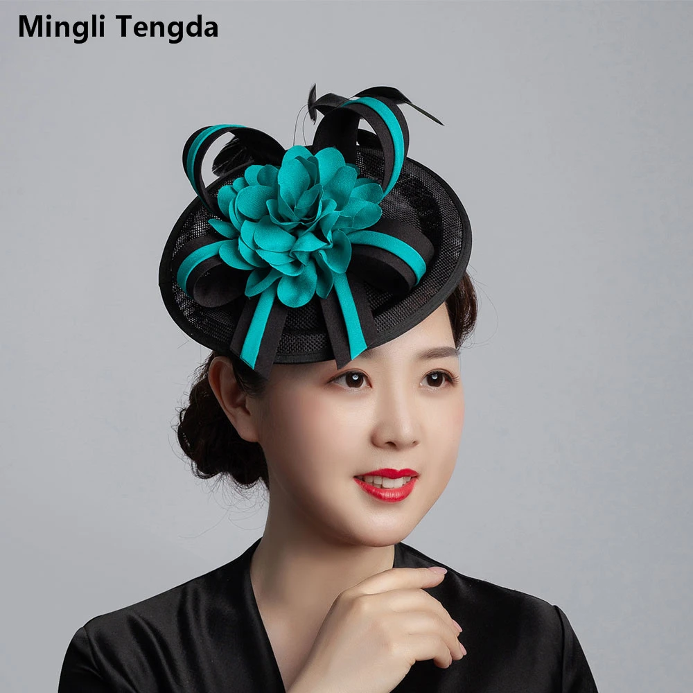 Mlingli Tengda 多色麻ティアラファッションウェディングアクセサリーパーティー帽子ジョッキーガーゼの羽のヘッドドレスブライダル帽子キャップ花嫁