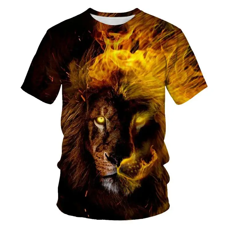 Summer Men's T-Shirt Fierce Flame Lion Tiger Tops 3D Printed Short-Sleeved Funny Animal  Casual Round Neck Shirt Streetwear