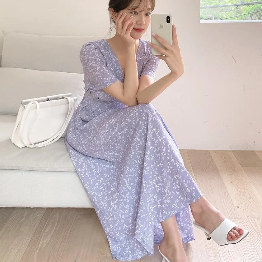 2021 Mới In Hoa Mùa Hè Chiều Dài Đầm Vintage Oversize Nữ Tay Ngắn Đi Biển Nữ Áo Dây Đầm Vestido Hứa