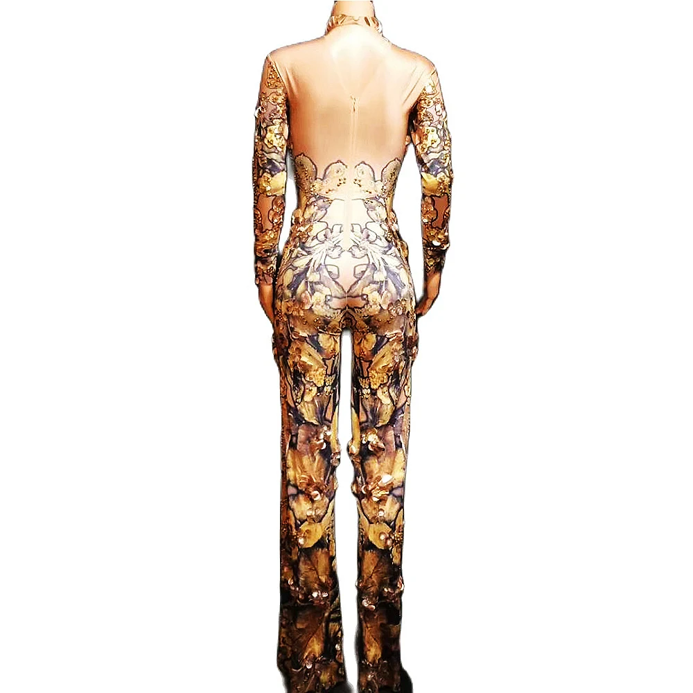 Gold Sparkling Women Rhinestones Sequins Jumpsuit Floral Pattern Printing Rompers Performance Drag Queen Costume Party Wear