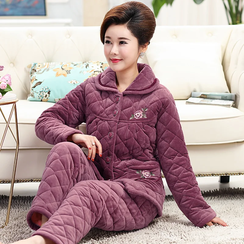 

floral print pyjamas women three-layer thickening warm winter quilted jacket womens cotton pajamas pijama mujer invierno